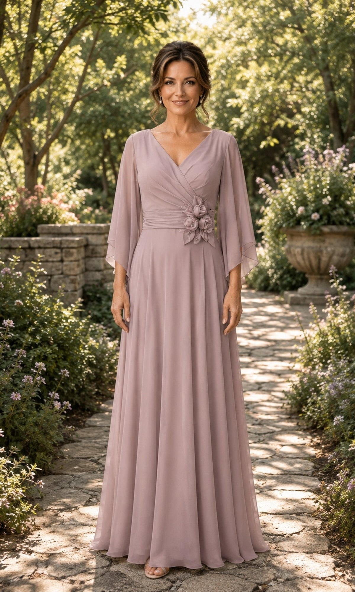 A woman wears a Flutter Sleeve Chiffon Long Formal Dress: Rina Di Montella R111 in vintage rose, a floor-length formal dress featuring flutter sleeves and a floral accent at the waist.